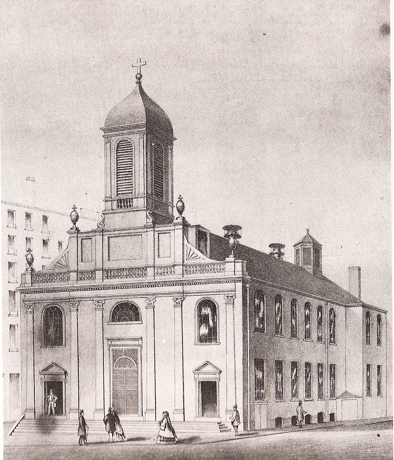 The original Holy Cross church on Franklin Street in Boston.
