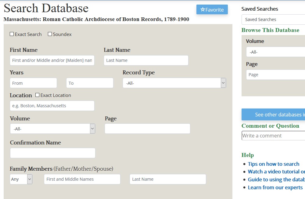 Search page for Catholic Records database
