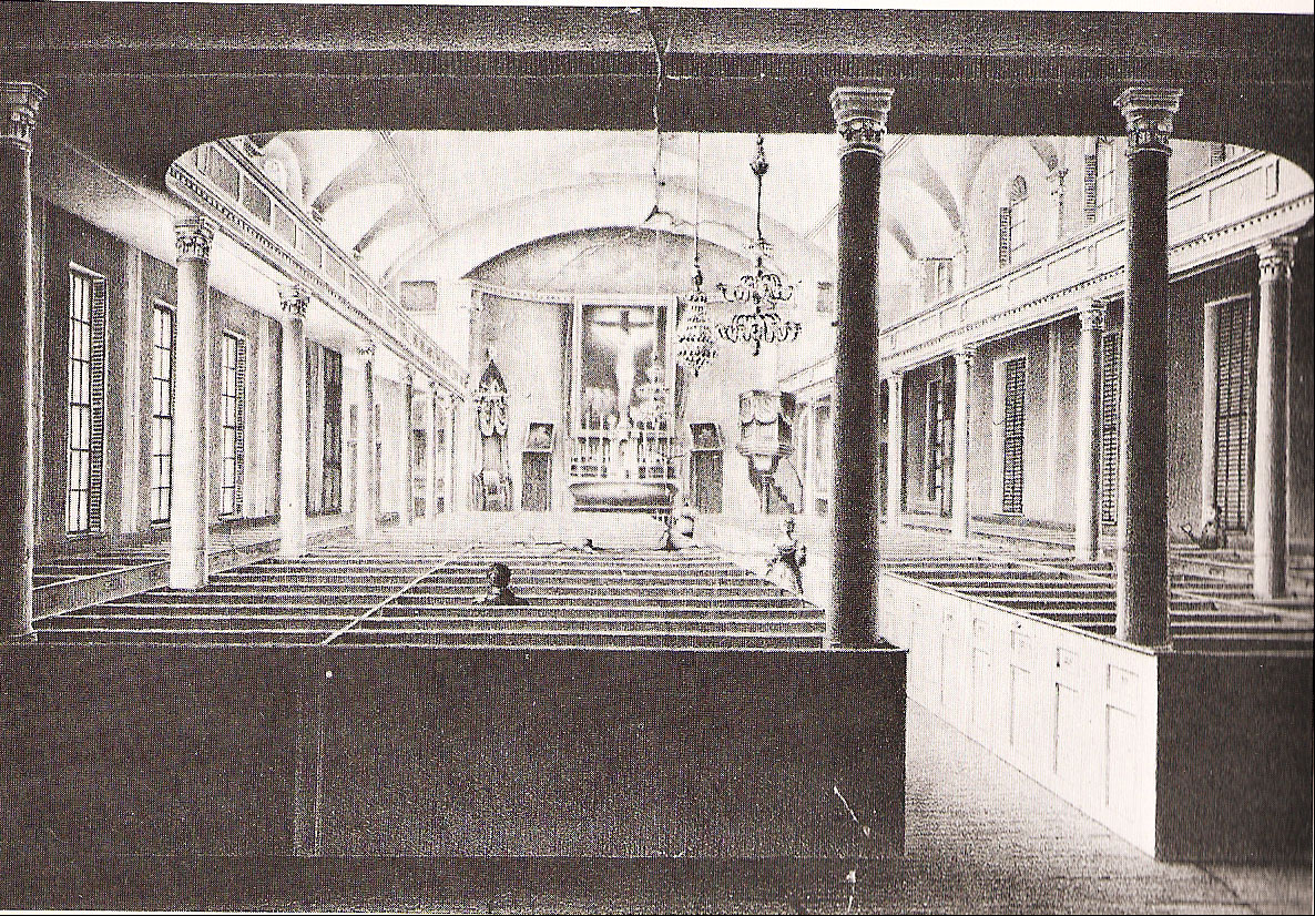 A rare interior view of the original Cathedral of the Holy Cross, before it was demolished in the 1860s for a larger South End replacement.