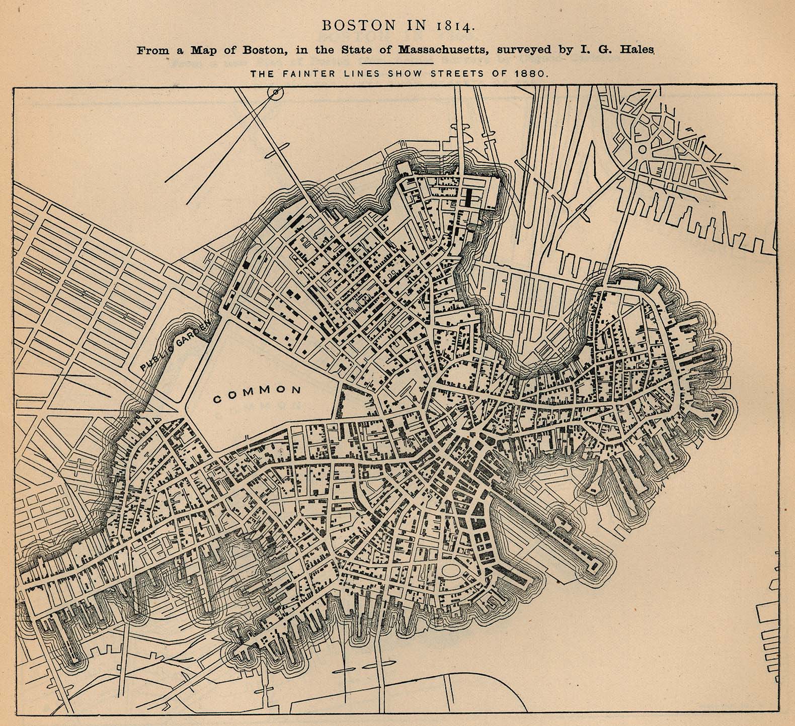 A map of Boston in 1814, with fainter lines for later developments.