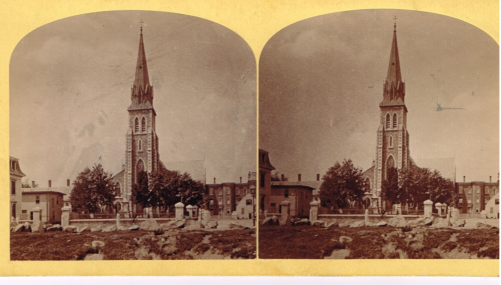 A stereoscopic view of Saint Patrick's in Lowell, Massachusetts, founded in 1831 and the first Catholic parish in the region. Image taken circa 1876-1881.