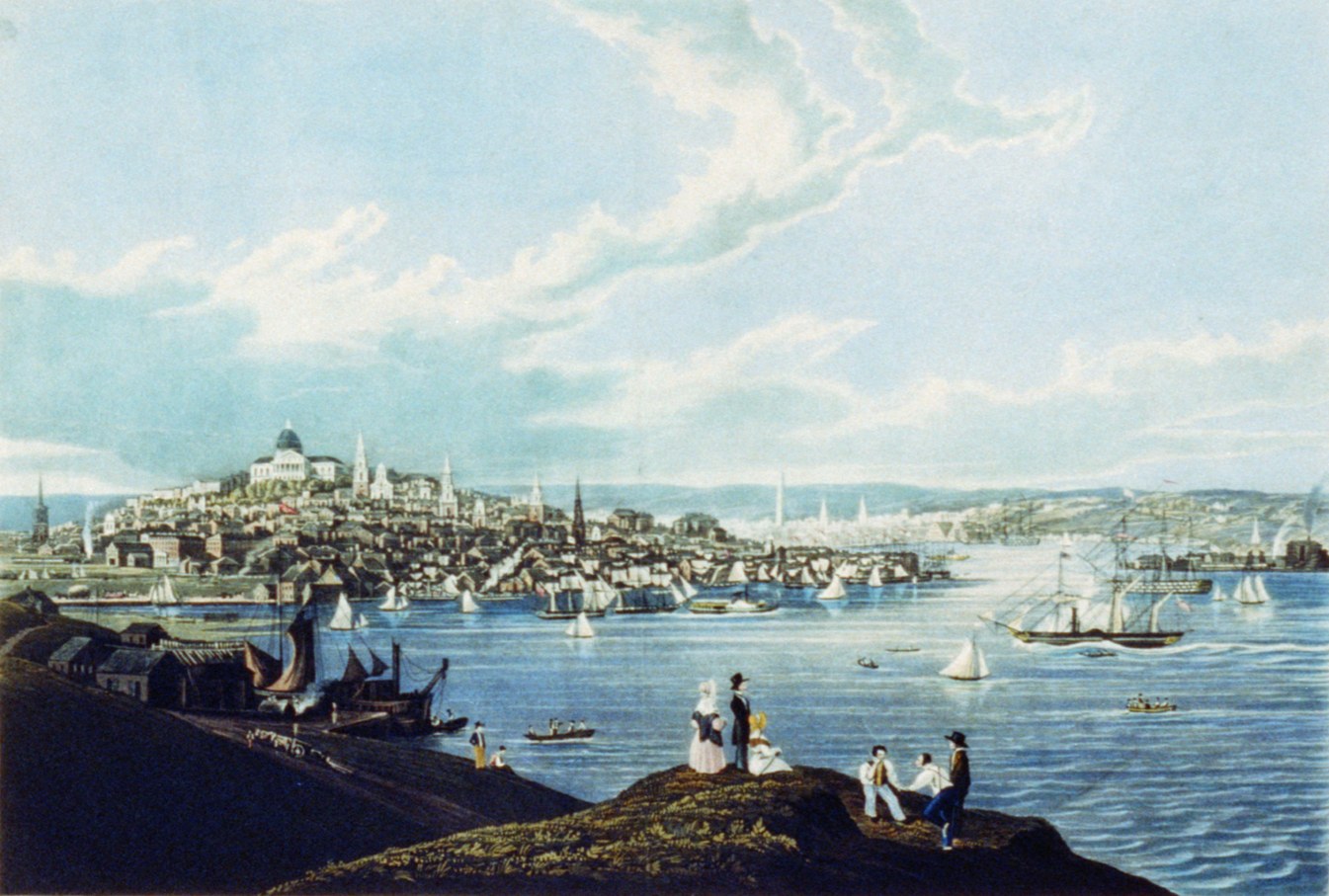 A painted view of Dorchester Heights in Boston in the 1840s.